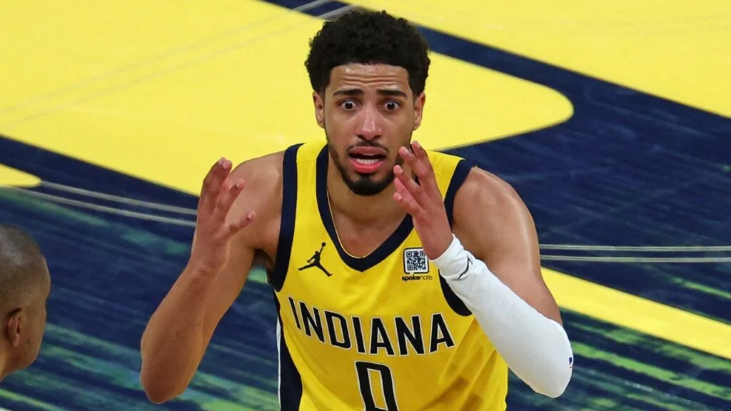 Jun 11, 2025; Indianapolis, Indiana, USA; Indiana Pacers guard Tyrese Haliburton (0) reacts to a play during the fourth quarter against the Oklahoma City Thunder in game three of the 2025 NBA Finals at Gainbridge Fieldhouse. Mandatory Credit: Trevor Ruszkowski-Imagn Images